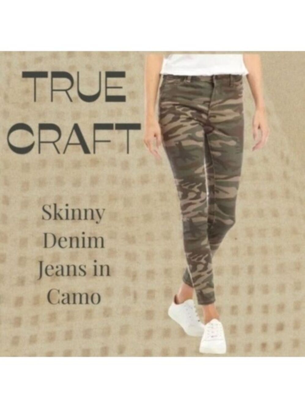 TRUE CRAFT Mid Rise Skinny Denim Jeans in Olive Camo NWT Sz. 15 Juniors